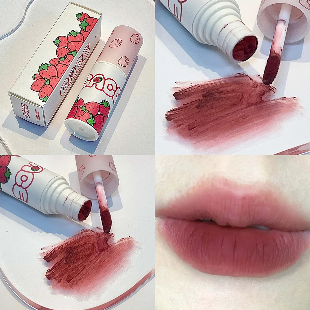 Lovely Strawberry Lip Mud Clay Velvet Matte Lipstick Makeup Waterproof Long-lasting Smooth Red Lip Tint Pigment Lip Gloss