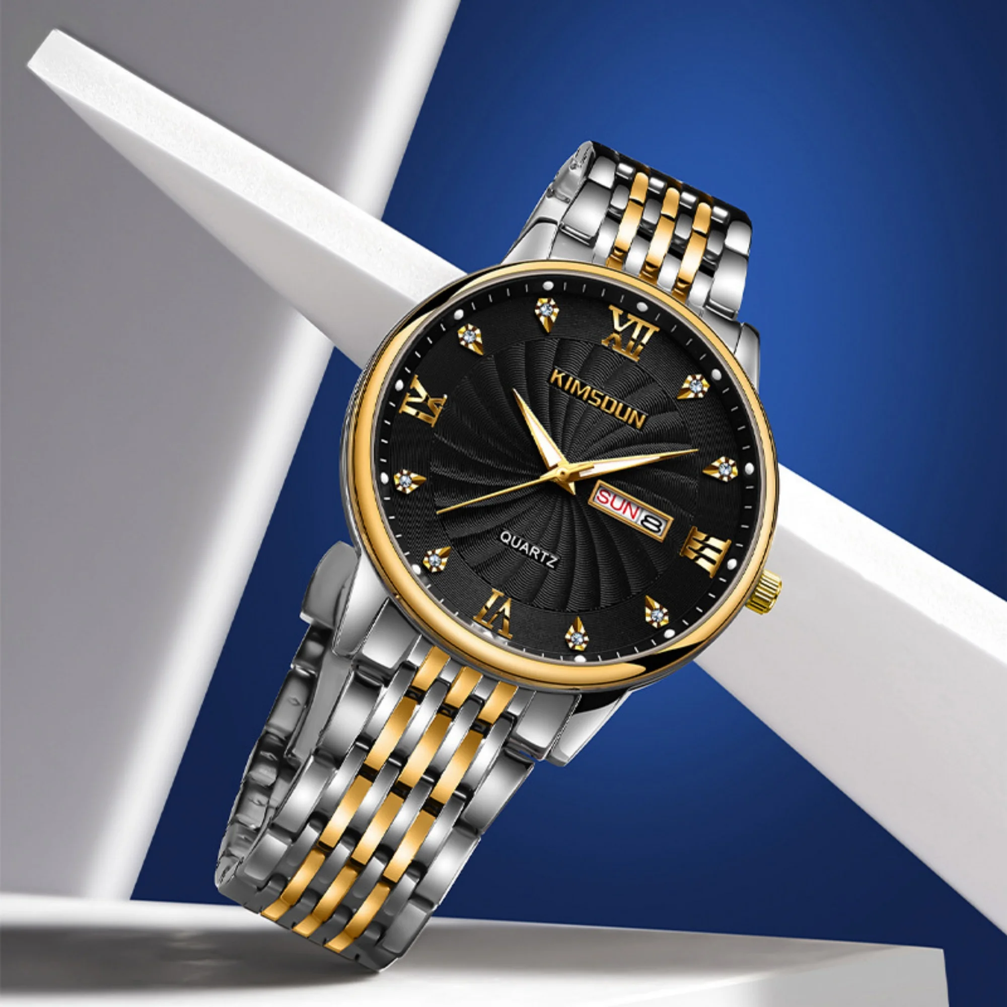 Men Quartz Wristwatch Round Dial Band Rhinestone Day Date Display Luxury Business Male Wrist Watch Fashion Watch Gift For Men