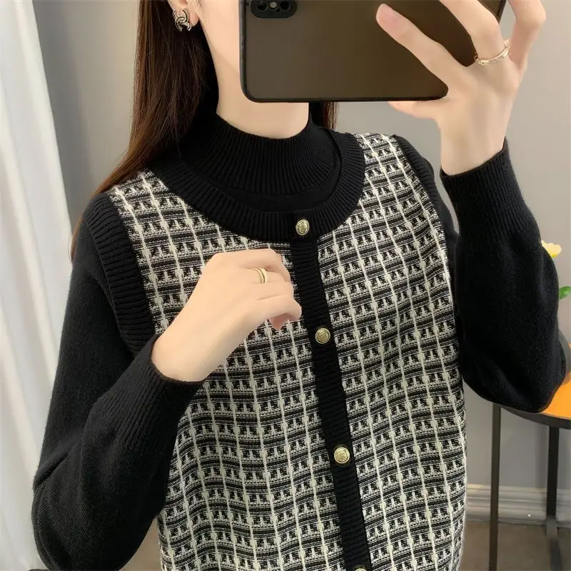 Vrouwen Herfst Winter Casual Koreaanse patchwork jacquard Losse trui Lange mouw dameskleding kantoor Dame Knop Nep twee items