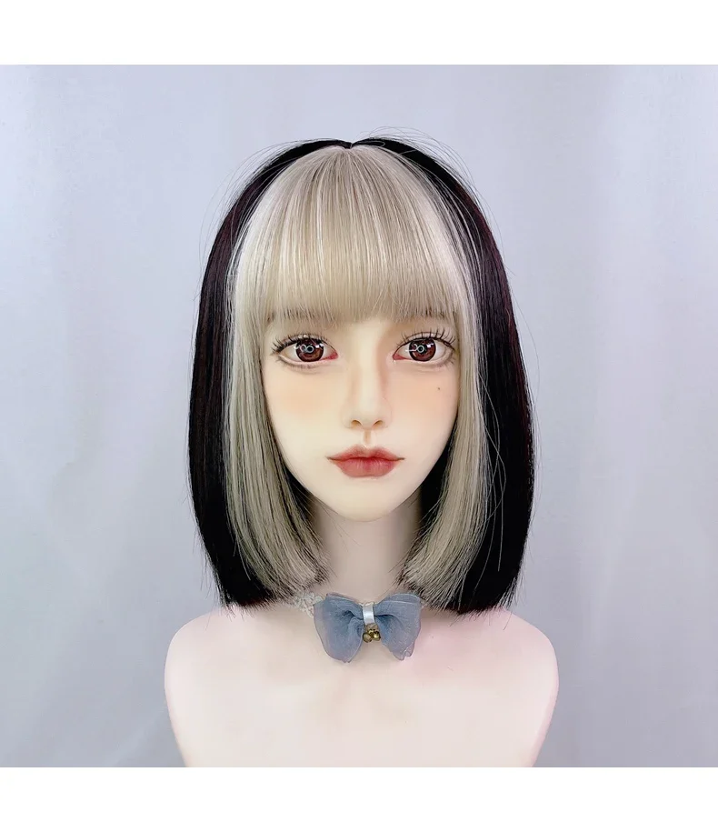 

Short Straight Bob Synthetic Hair Gold Black Cosplay Wig Women Lolita Summer Color Highlighting Gradient With Bangs Dyed