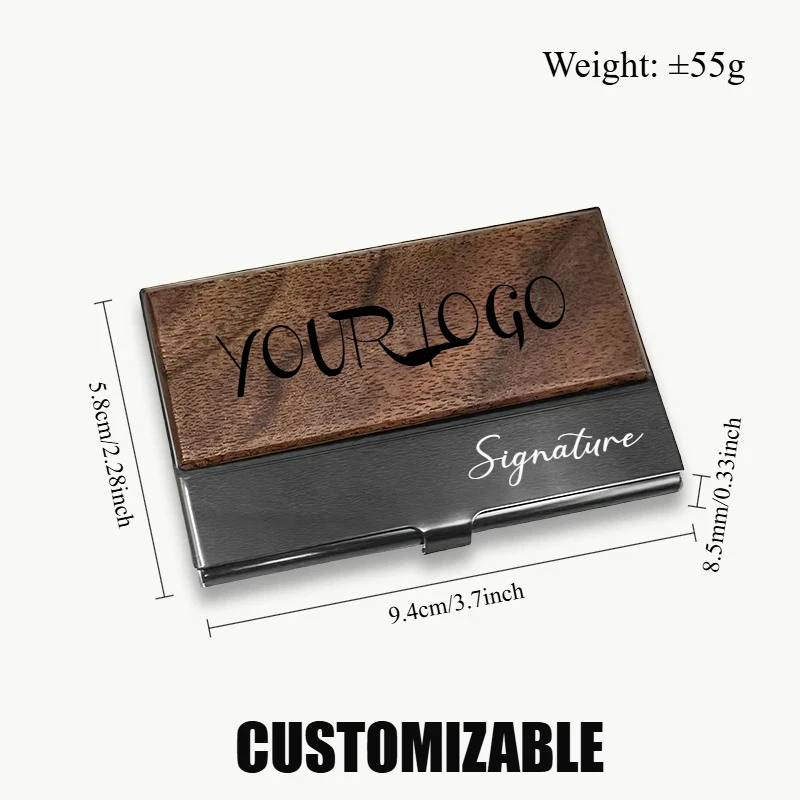 

Personalized High-end Stainless Stees Walnut Wood Business Card Case Engraving LOGO TEXT Custom Name Card Box Holder for Company