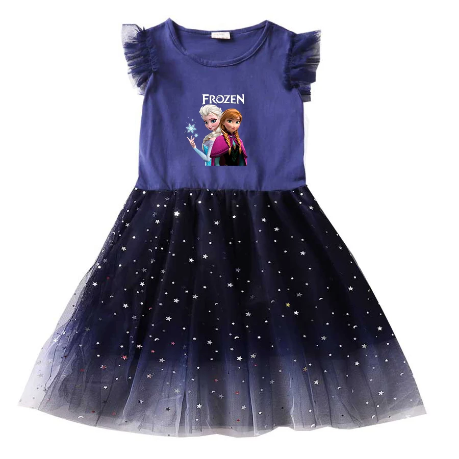 Disney Frozen Elsa Anna Summer Kids Dresses for Girls Kids Short Sleeve Princess Dress Children's Prom Mesh Dresses