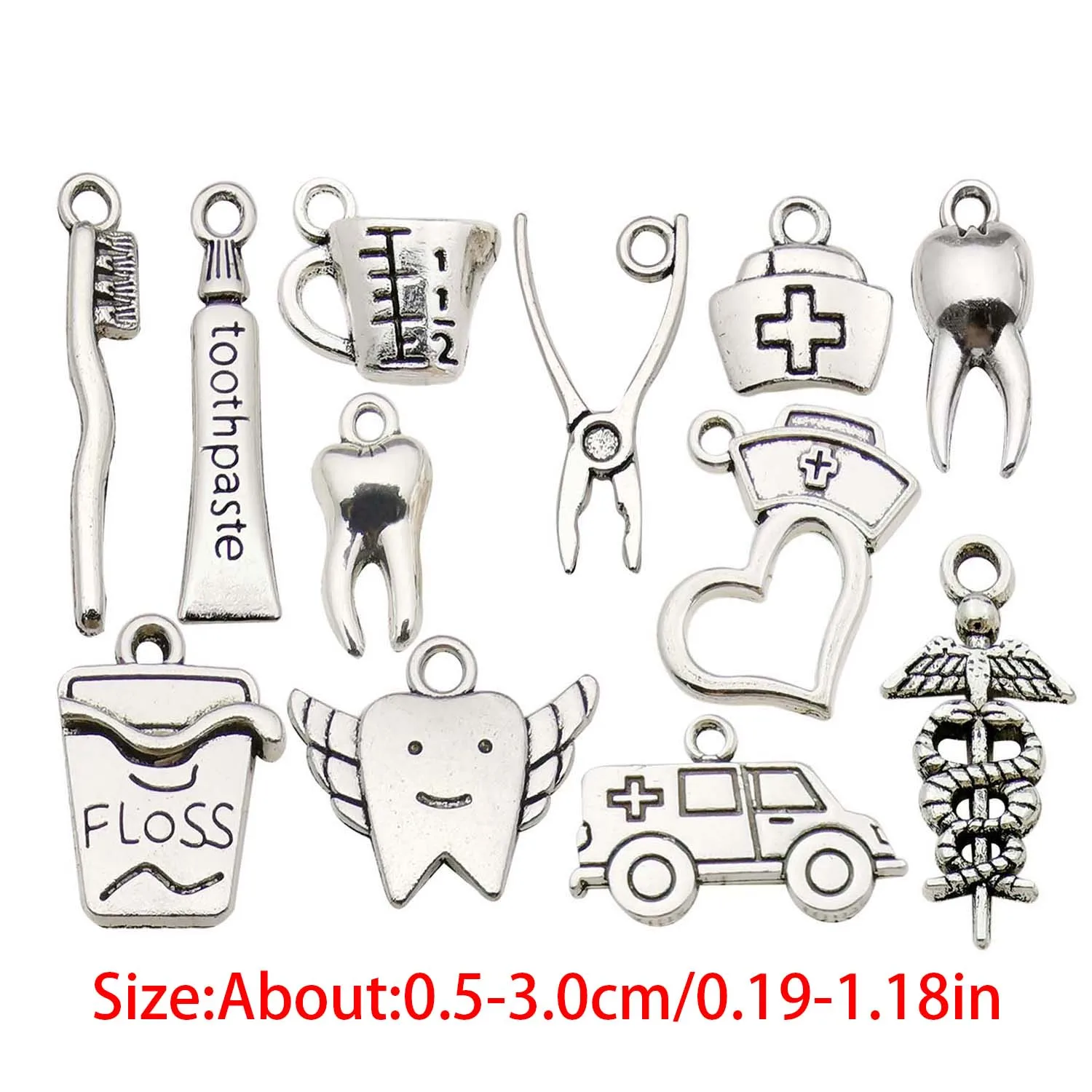 24pcs Antique Silvery Dentist Tooth Charms, Alloy Tooth Toothbrush Toothpaste Pendants, For DIY Jewelry Making Accessories