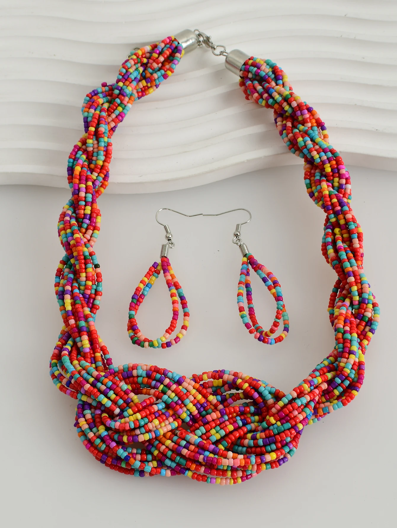 3-piece set of European and American fashion colorful multi-layer rice bead handmade woven necklace earrings set Bohemian style