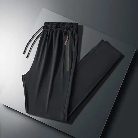 Pantalons pour hommes en soie glacée 2026 été nouveau noir gris mince pantalons décontractés d'affaires en plein air élastique respirant jambe droite pantalons de survêtement