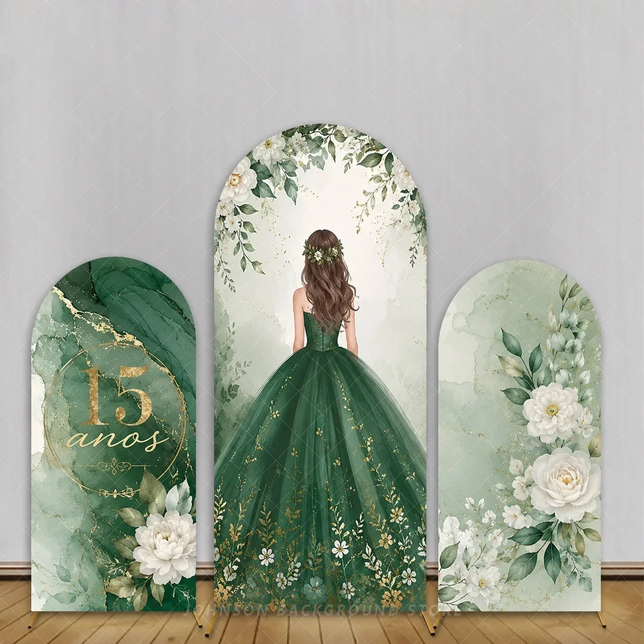 Emerald Green Quinceanera Arch Backdrop Green Princess Dress Covers Sweet 15 Birthday Party Decorations background
