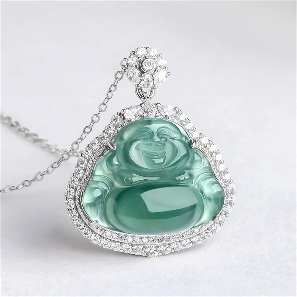 

925 Siver Natural Ice Green Jadeite S925 Buddha Lucky Pendant Trendy Amulet Necklace Certificate Luxury Jade Charming Jewelry