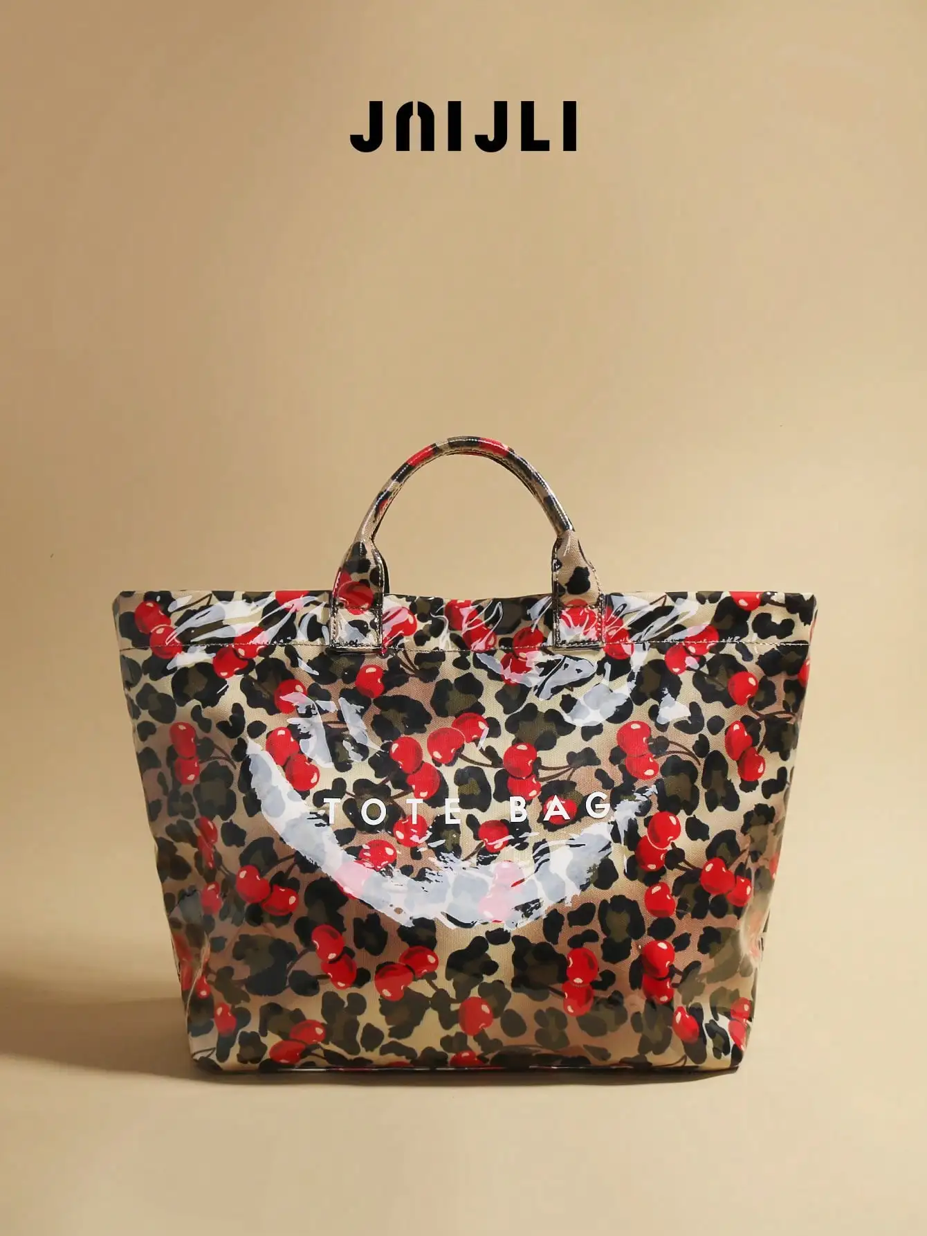 

Large Capacity Top-Handle Tote Bag with Leopard & Cherry Print, PVC Material