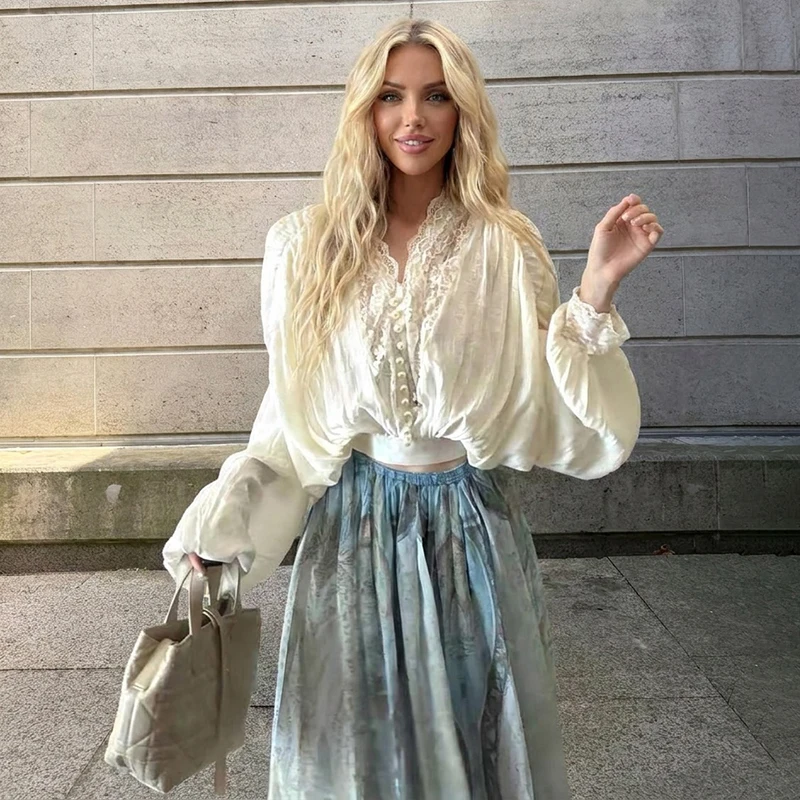 Women Lace Top V‑Neck Puff Long Sleeve Crinkled Texture Button Front Cropped Hem Blouse Elegant Casual Office Daily Ladies Shirt