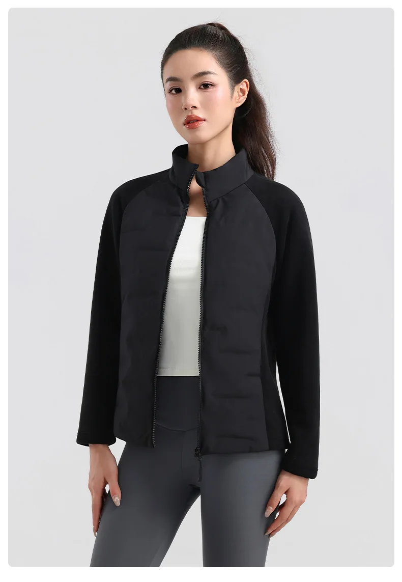 Pequena cintura outono e inverno gola alta leve pato branco para baixo jaqueta feminina emendado forro interno esportes corrida