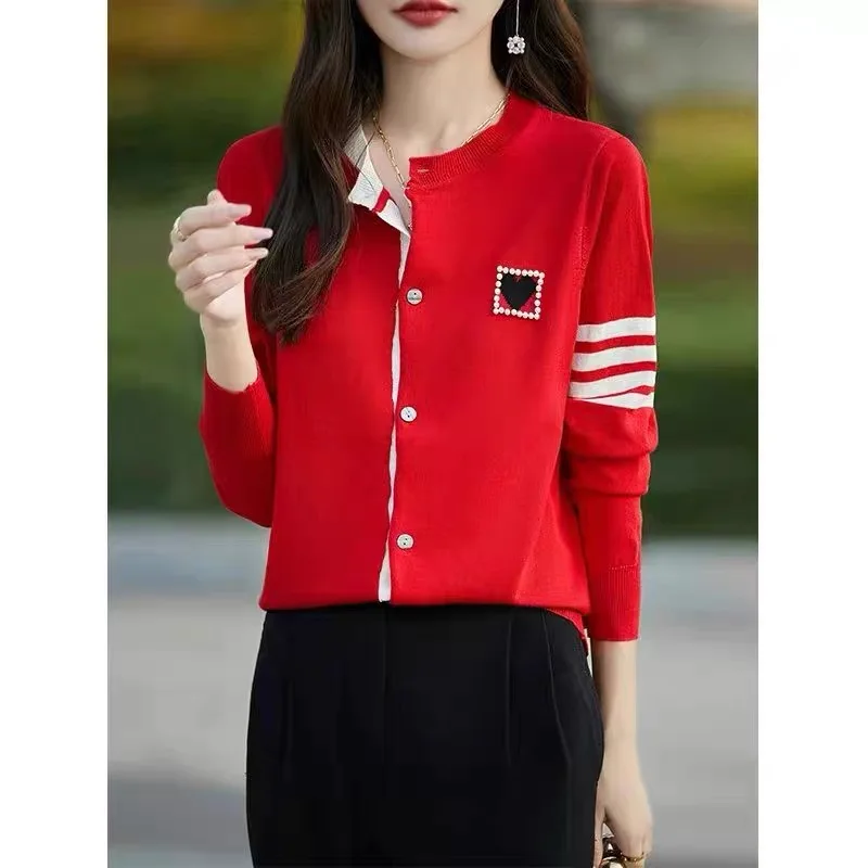 Women Clothing Red Knitted Single Breasted Cardigan Autumn Loose Casual Fashion Commute Comfortable Sweater Striped Knitwear Top