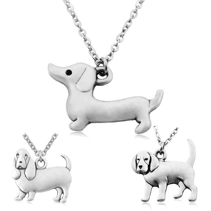 Collar con colgante de perro Dachshund y Basset Hound y Beagle para mujer, cadena larga, joyería Bohemia, Color plateado, Vintage