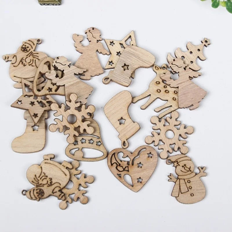 50Pcs Christmas Natural Wooden Chip Santa Claus Snowflake DIY Crafts Xmas Tree Hanging Ornament Pendant Home New Year Decor