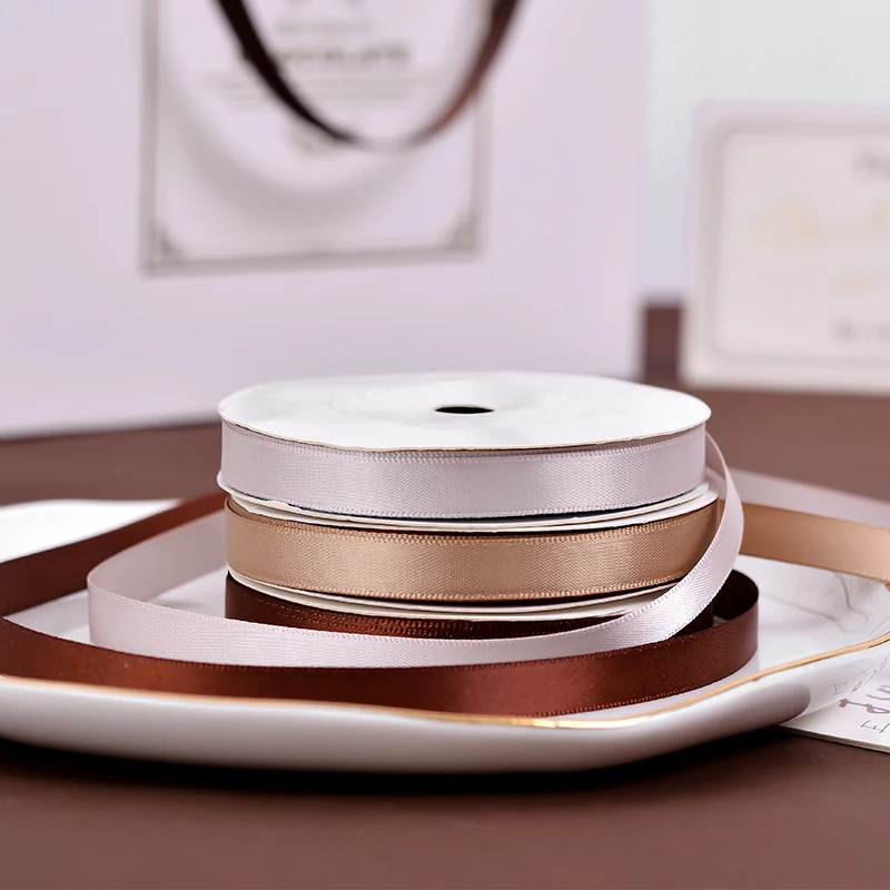 YAMA 100yards 6 9 13 16 19 22 mm Single Face Satin Ribbon Gold Brown Ribbons for Party Wedding Decoration Handmade Rose Gifts