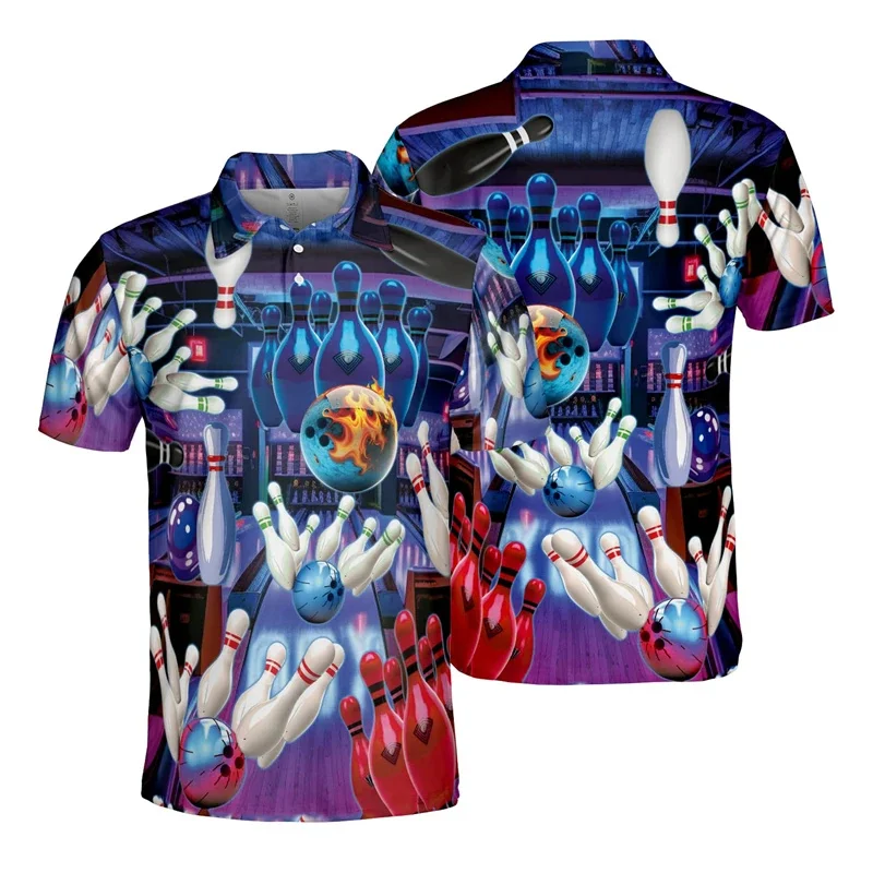 Bowling Pattern Polo Shirt For Men Gutterball Club 3D Printed T-Shirts Summer Street Sport Short Sleeve Lapel Tops Button Tees