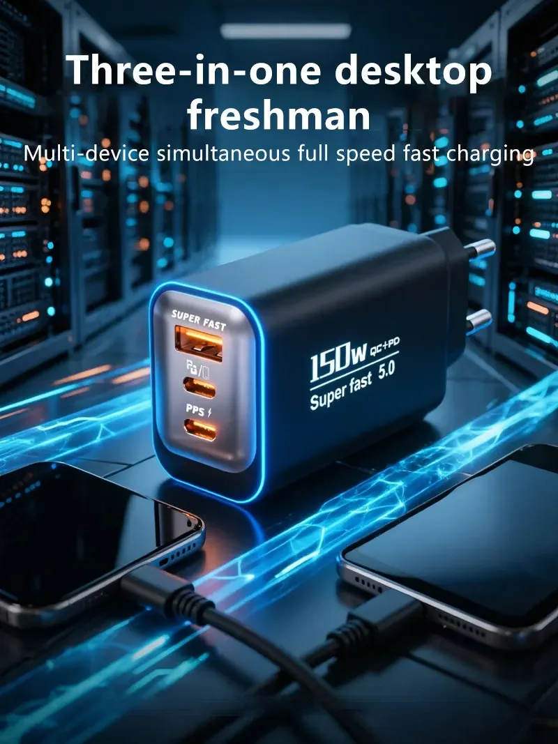 120W 3-Port Typ-C Ladegerät USB-C Schnellladewandadapter US/EU/UK-Stecker Telefonladegerät Kompatibel mit iPhone Samsung – Detail 1