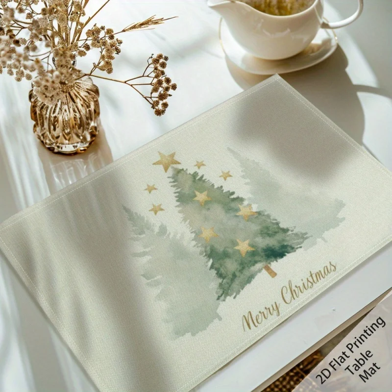 Happy Holidays Christmas Tree Placemats, Snowflake Star Printed Linen Table Mats, Xmas Season Table Home Decor