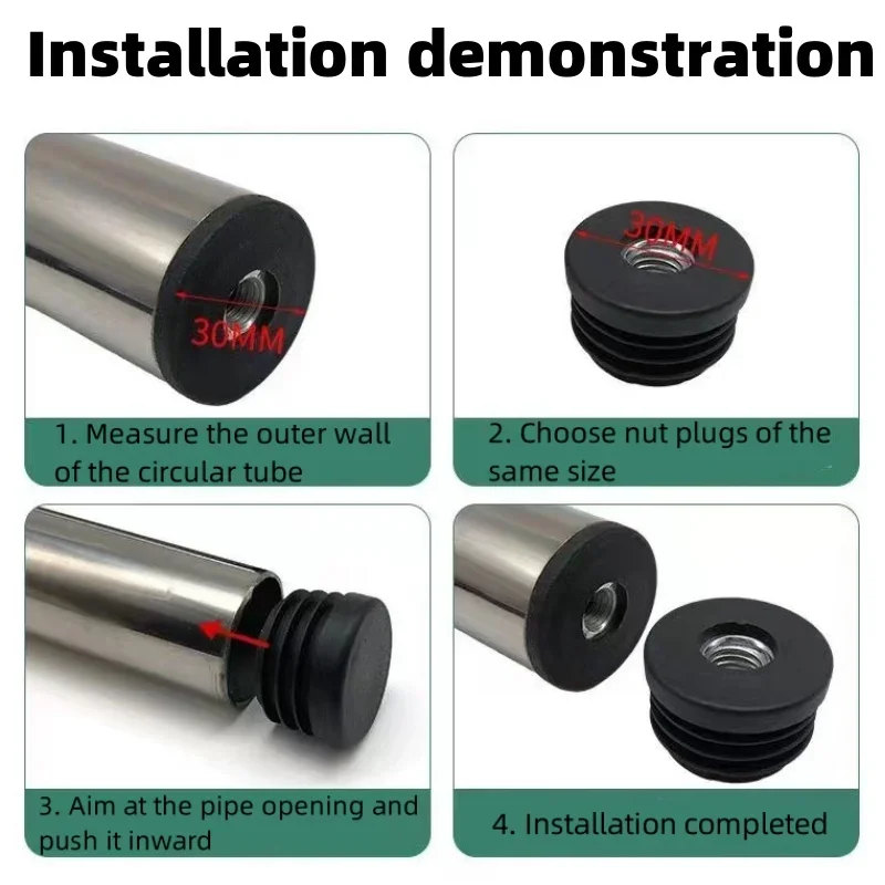 Round Pipe Plug 16-50mm Black Blanking End Cap with Nut Hole M6 M8 M10 Inserts Caps Pipe Cover Furniture Leg Feet Tube Plug