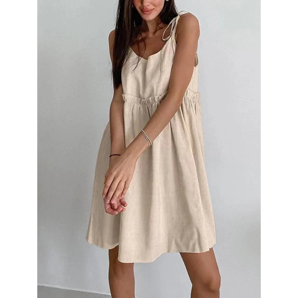 

Летнее хлопково-льняное платье без бретелек, женское, с открытой спиной, модное, с завышенной талией, А-силуэт, без рукавов, для путешествий, с U-образным вырезом