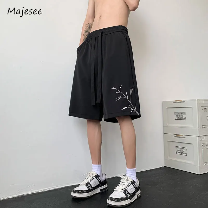 Embroidery Shorts Men Knee Length New Chinese Style Lace-up Simple Advanced Temperament Sporty Casual Mid Waist Streetwear Chic