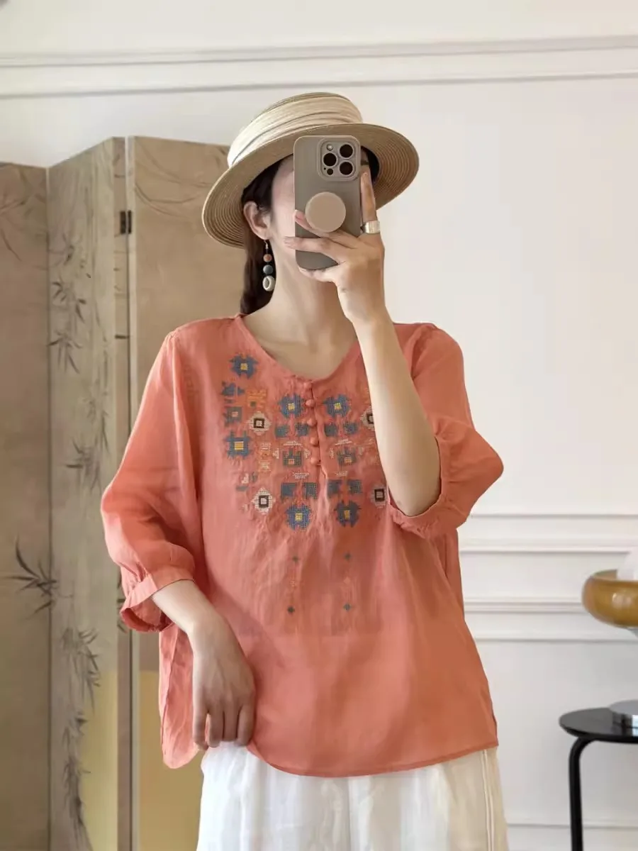 Retro Dames Katoen Linnen Geborduurd V-Ne f Sve irt Zomer Losse Plus Size Afslanken Dunne Sle Pendelen Faion