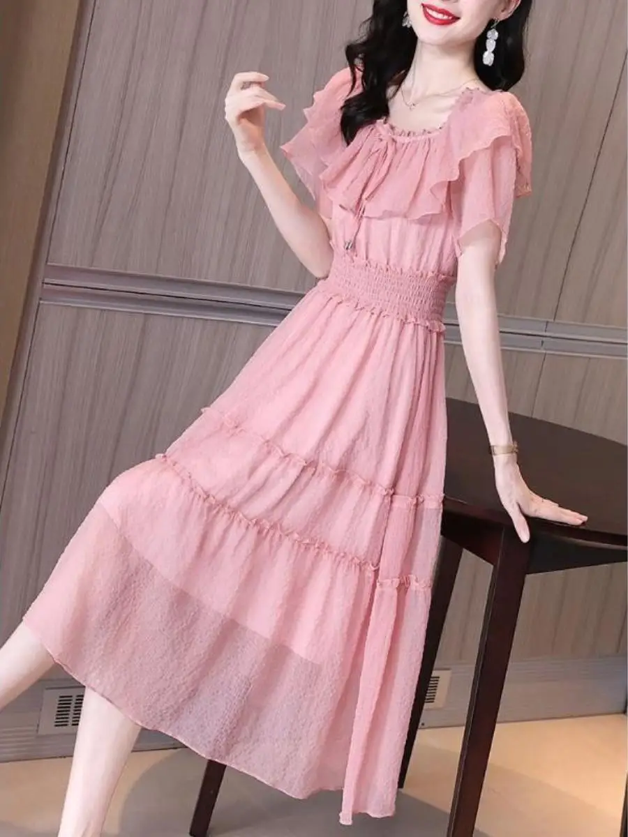 Estate New Sle Pure Color Confortevole Chiffon Dr Dimagrante Bell Sve Vita Cinched Faionable Casual Ladies Dr