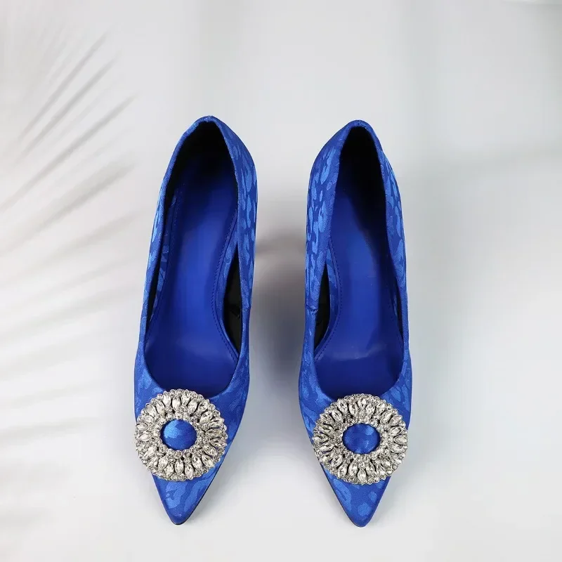 Elegant Heels Ladies Shoes Pointed Toe Silk Satin High Quality Wedding Bridal Evening Prom Woman Pumps with Diamond Circle