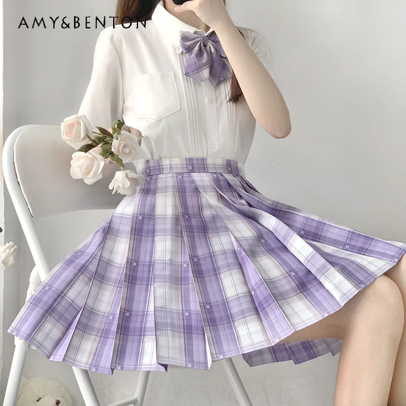 

Japanese Jk Uniform Summer Light Purple White Color Matching Plaid Waist Thin A Line Versatile Temperament Pleated Skirt Girls