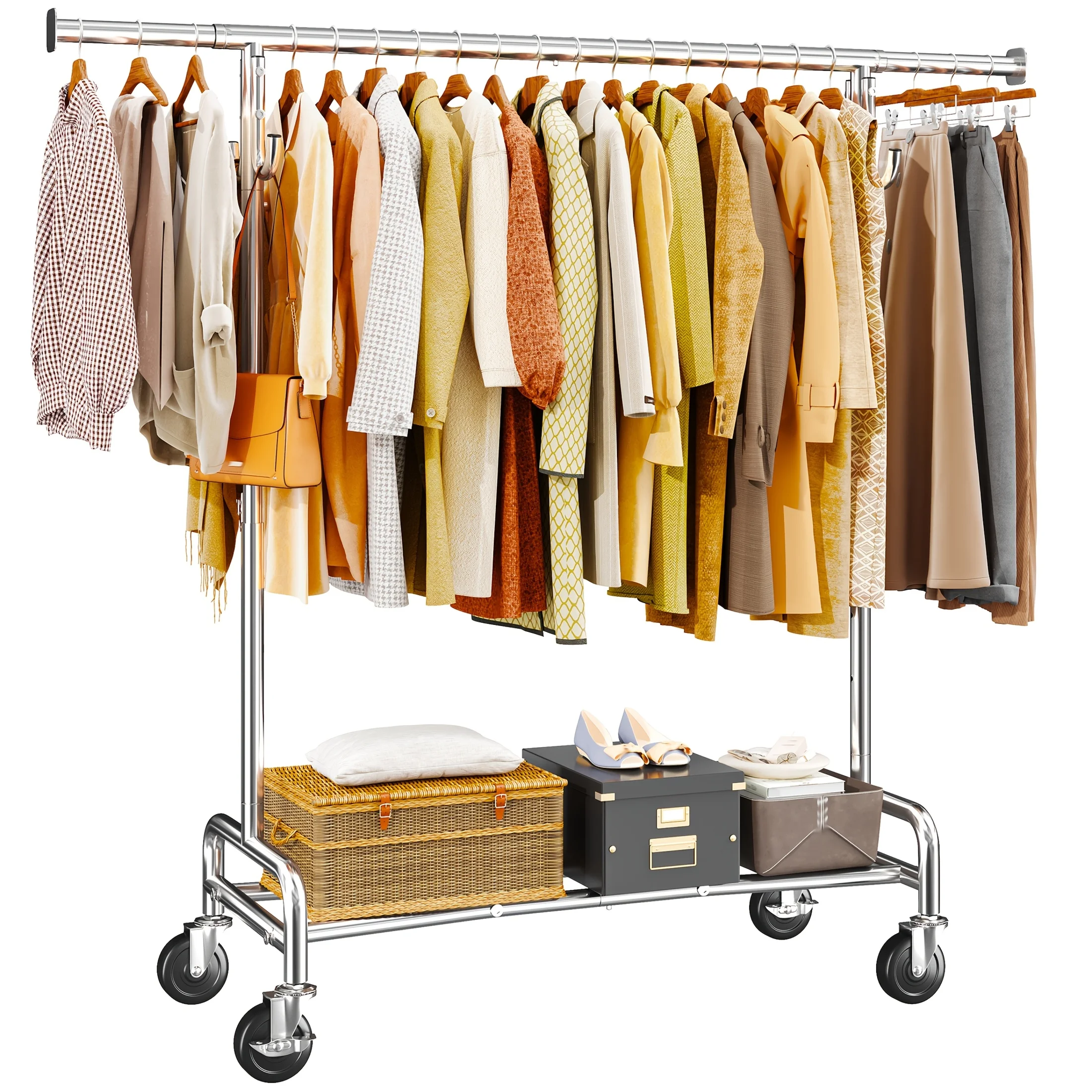 

Maximum 75" W Heavy Duty Clothes Rack Load 450 LBS, Equipped Curved Hooks, Extendable Hanging Rods, Silent Pulley Lockable