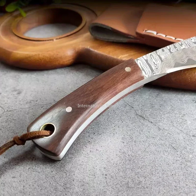 Damascus Patterned Old-fashioned Mongolian Knife, Mini Curved Knife, Barbecue Outdoor Knife, Meat Eating Knife