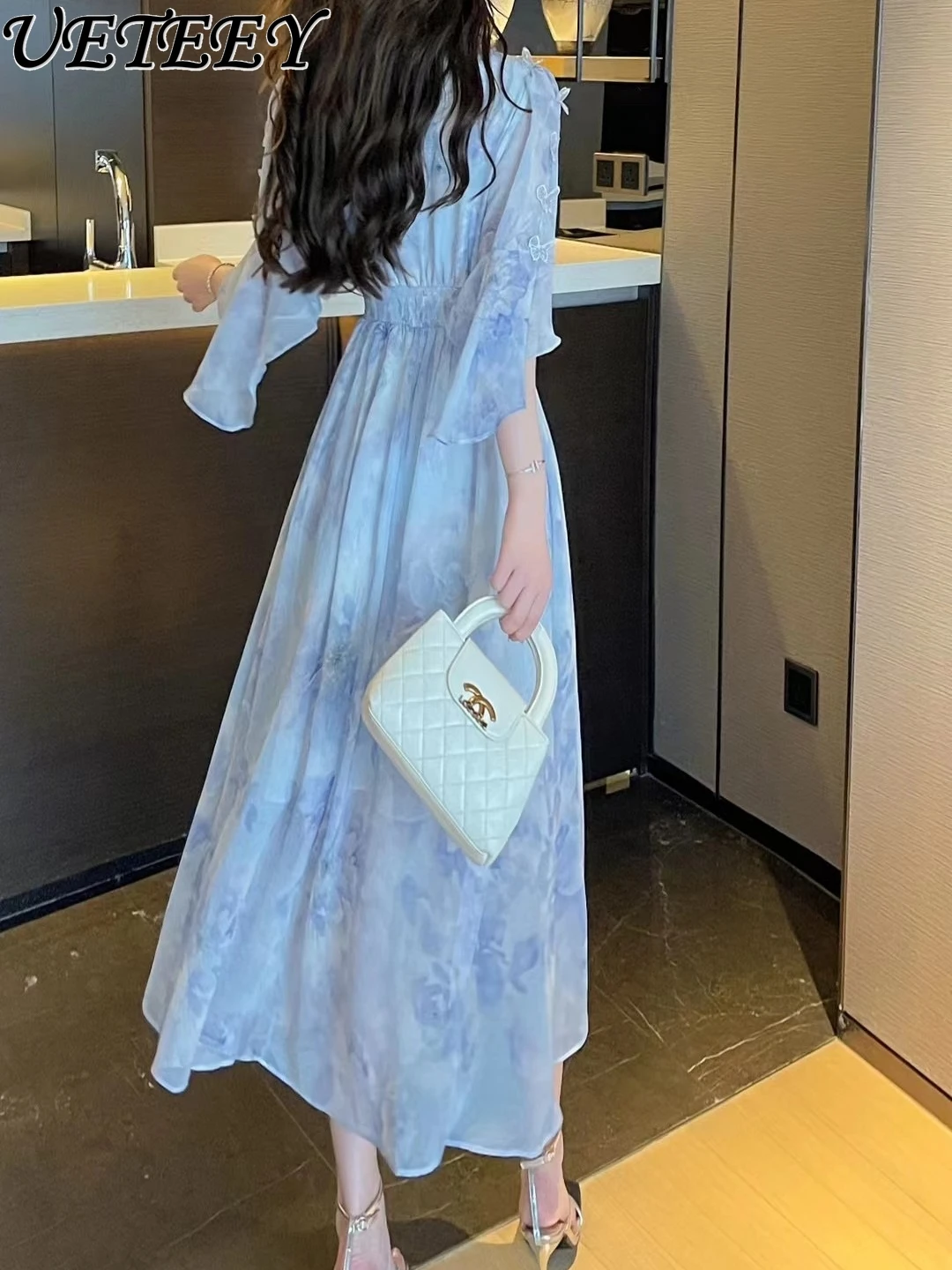 French Blue Floral Silk Long Dress Female 2024 Summer New Temperament Waist-Controlled V-neck Slimming Vacation Dresses