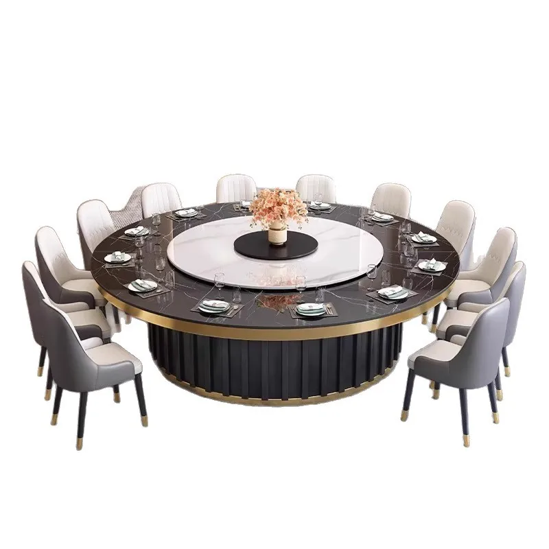 Light luxury hotel furniture electric rock slab dining table large round table hotel round induction cooker hot pot table rotati