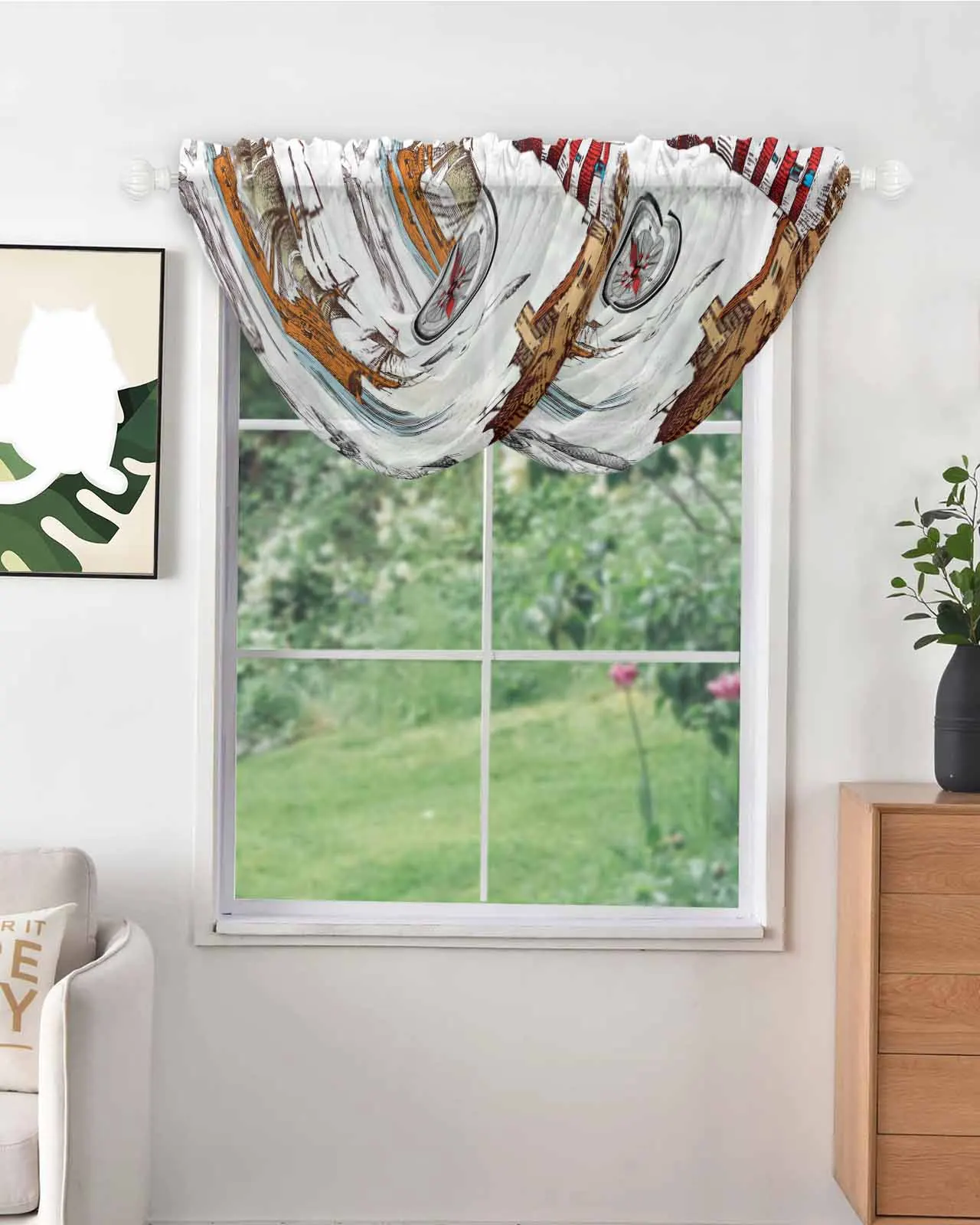 Ancient Lighthouse Sailing Ship Tulle Curtain for Kitchen Living Room Sheer Voile Window Valance Cafe Short Curtain