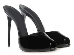 New Arrivals Women Solid Black Patent Leather Peep Toe Sandals Fashion Slip On Sky High Thin Heel Dress Shoes High Quality