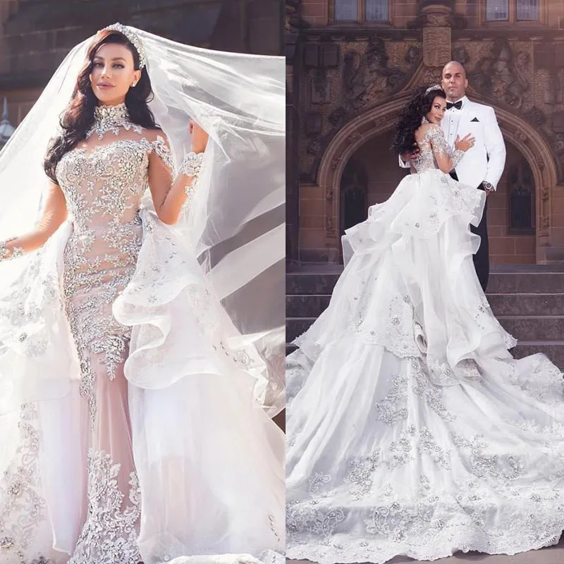 

Customized Crystal Beads Wedding Dress Overskirt Long Sleeves Mermaid Bridal Dress Gorgeous Dubai Wedding Gown Detachable Train