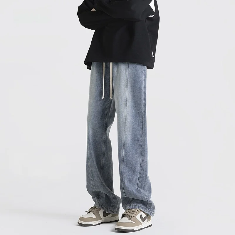 

American Retro Dstring Jeans Men's Loose plus Size Cleanfit Straight Casual Long Pants Trendy Youth Wear All Seasons