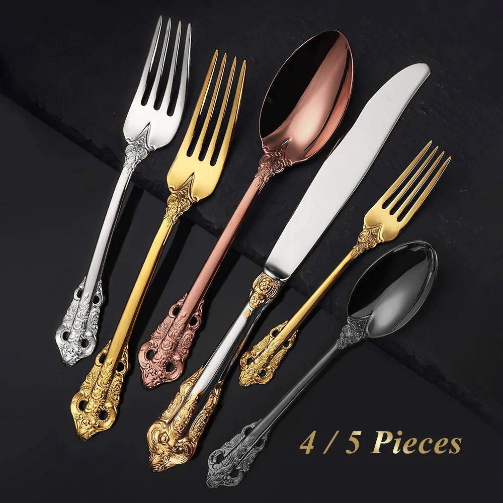 Gold Luxury Dinnerware Flatware, Dining Stainless Steel Western Silverware, Palace Style, Royal Golden Table Silverware, 4, 5 Pi