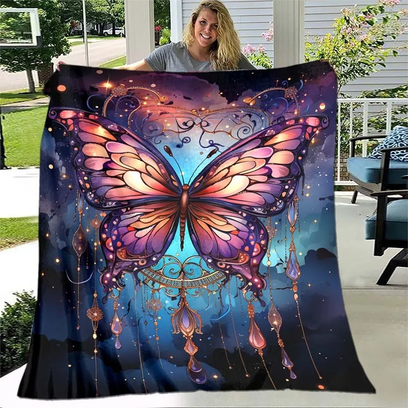 Lightweight Flannel Butterfly & Dreamcatcher Blanket Versatile Throw for Sofa Bed Travel Camping Living Room Office Couch