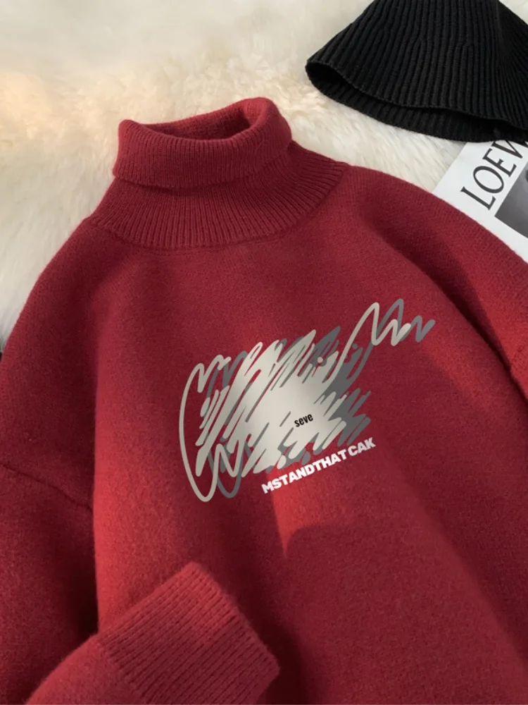 

Men's High Collar Fce Lined Thi Warm Knitwear Winter Base Layer irt Red Knitted Inner Wear Casual Loose Fit Printed