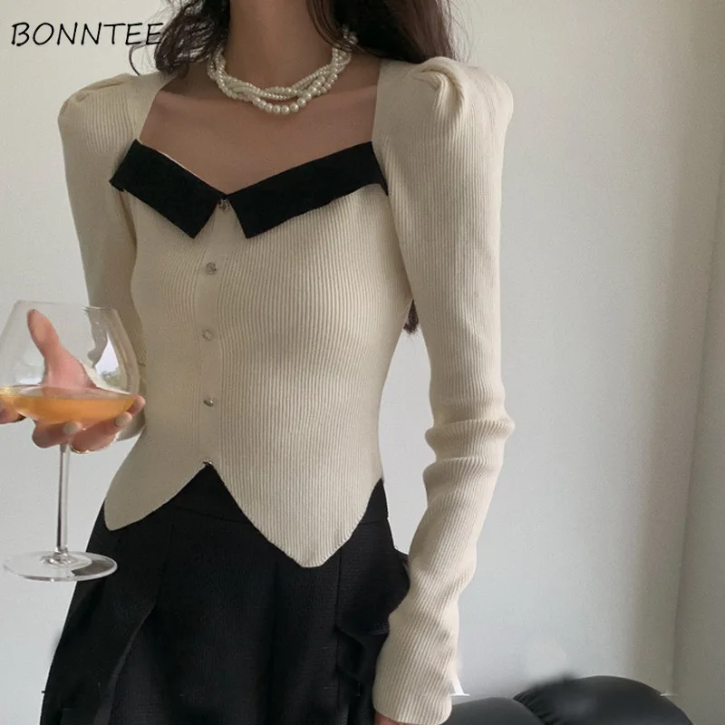 

Pullovers Women Panelled Korean Fashion Slim Fit All-match Square Collar Vintage Sexy Bottoming Knitted Design Autumn Sweaters