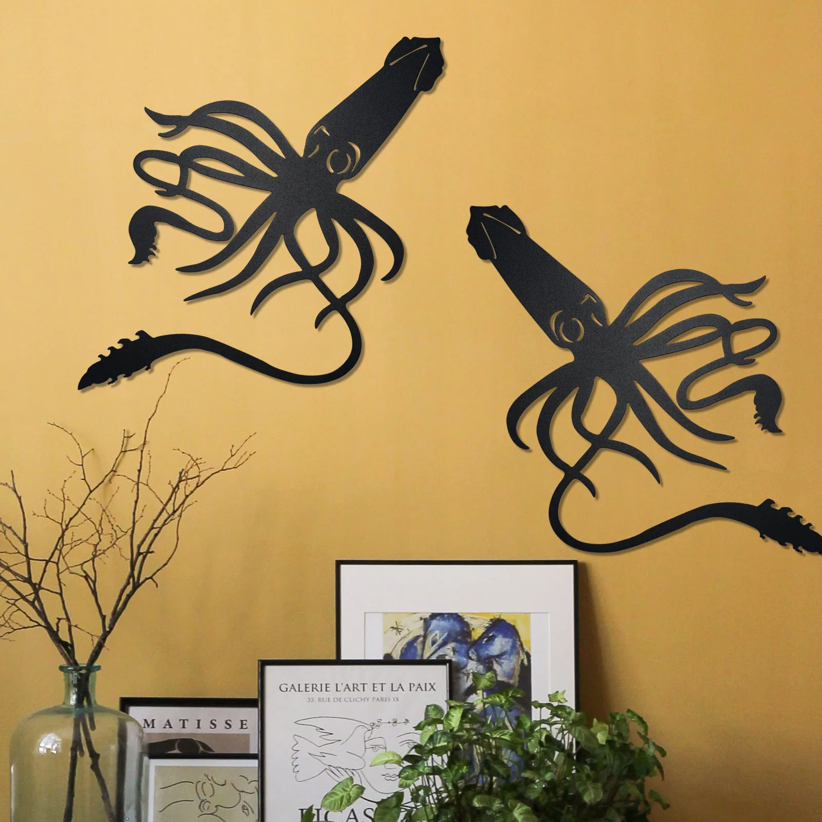 2 Stück Metall-Tintenfisch-Wanddekoration, Meeresleben, Oktopus, Metall-Außendekoration, Kunst, geeignet für Außenzaun, Innenwanddekoration