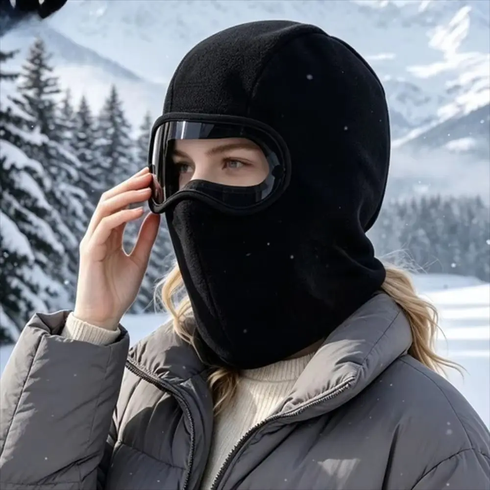 Windproof Fleece Balaclava Hat Thickened Clear Eye Shield Winter Cycling Goggles Hood Face Cover Ear Protector Pullover Cap