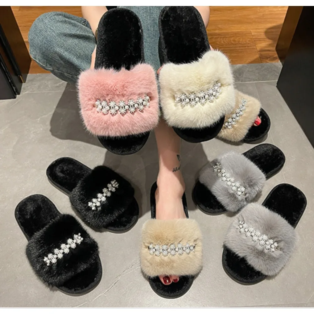 Winter Fluffy Fur Slippers Women Flip Flops Luxury Pearl Chain Faux Fur Slides Flat House Floor Slipper Ladies Light Casual Shoe