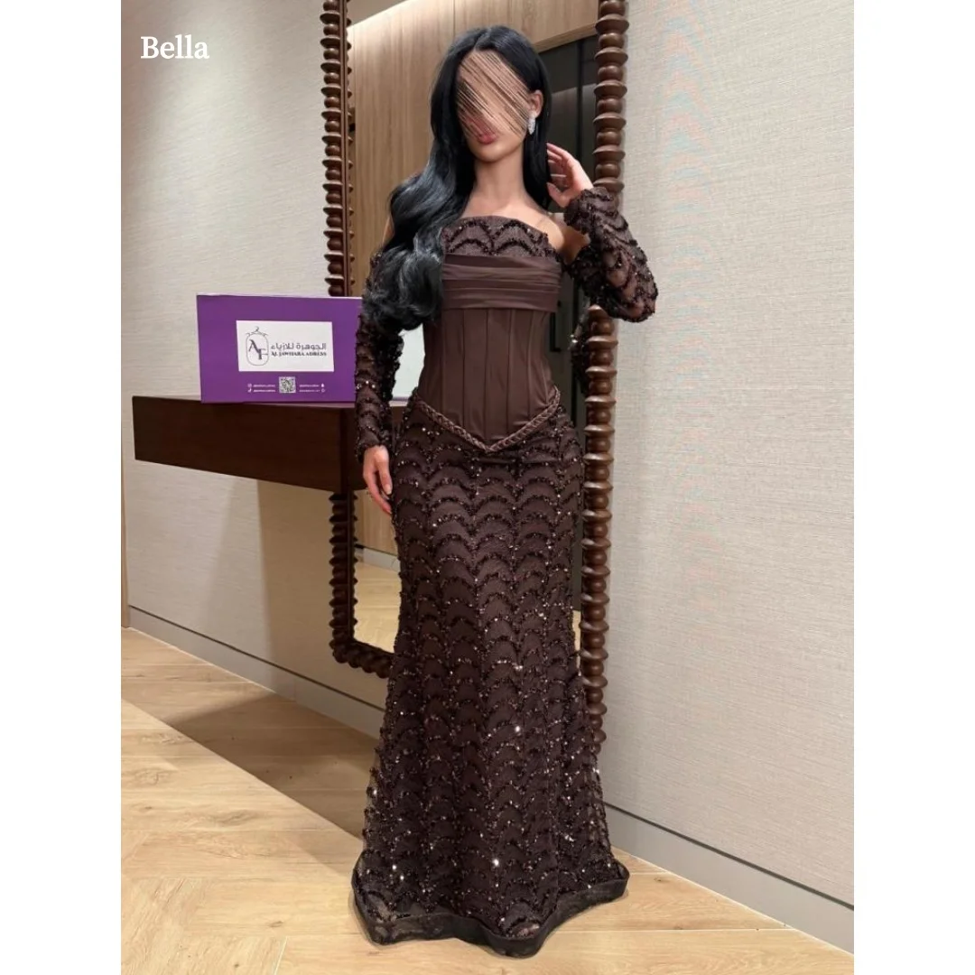 Bella Customized Dark Brown Strapless Prom Dress Detachable Lace Long Sleeve Sequin Mermaid Corset robes de soirée Elegant 2025