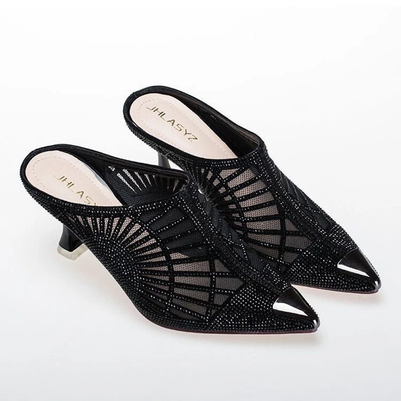 Summer Elegant Half Slipper Women Mules Rhinestone Pointed Toe Mesh High Heels Sandals Comfortable Mid Heel Women\'s Footwear