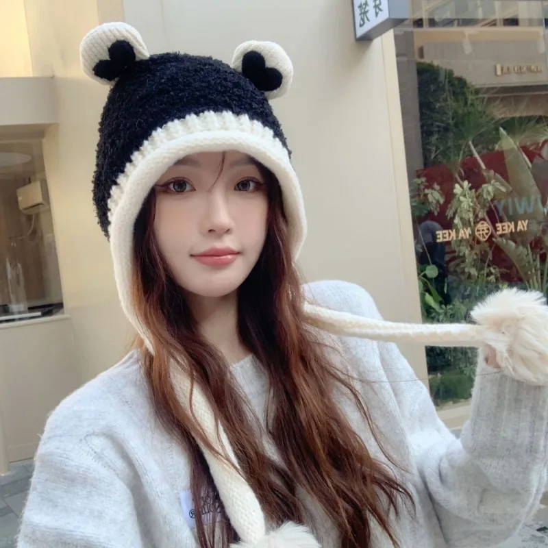 Autumn and Winter Cute Hairball Plush Hat Women's Plush Ear Protector Lei Feng Hat Warm Bag Head Wool Knitted Cold Hat