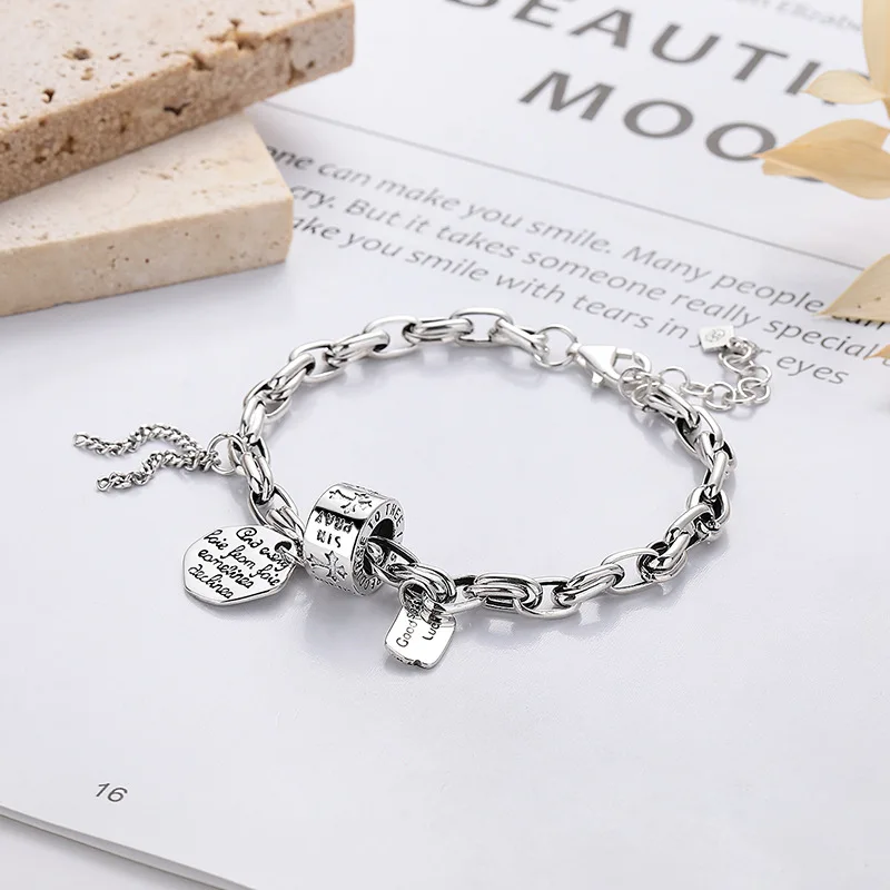 BOCAI New S925 Sterling Silver Jewelry Personalized Jewelry Cross Transfer Bead Tassel Bracelet Women's Selected Gift