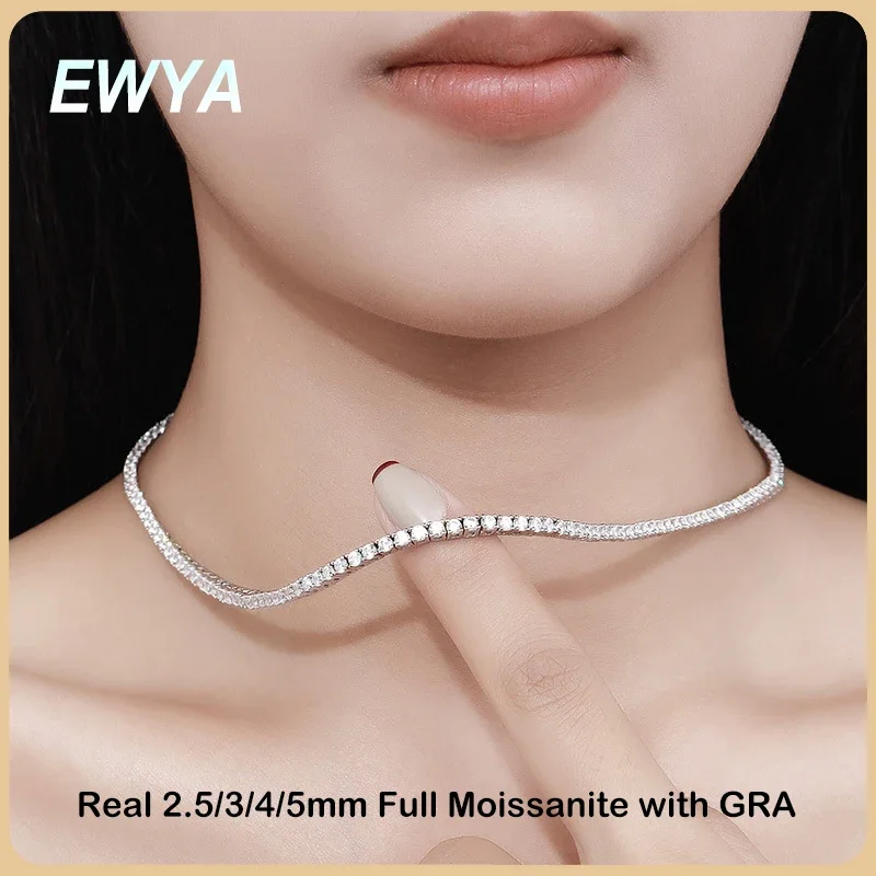 EWYA Sparkling Real Full 2.5/3/4/5mm D Color Moissanite Tennis Necklace for Women S925 Silver Diamond Neck Chain Necklaces Gift