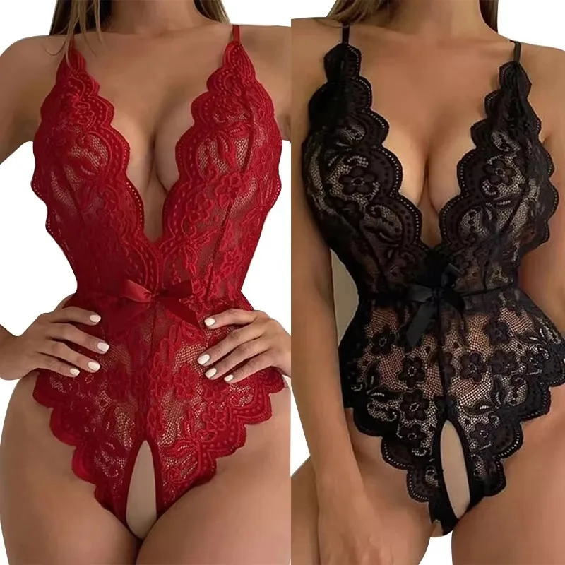 Sexy Lingerie Women Sleepwear Open Croth Bodysuit Teddy Transparent Lace Lingerie Deep V Open Bra Lenceria Porno Underwear Set