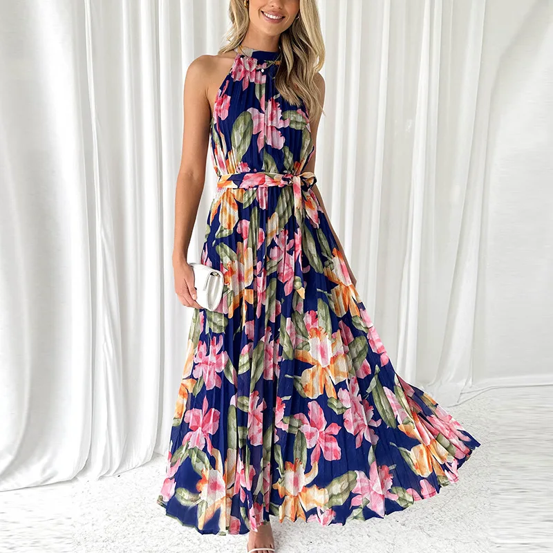 

2024 Summer New Ladies Sleeveless Printed Leisure Vacation Dress Women Elegant Neck Hanging Pleated Slim Fit Long Dress